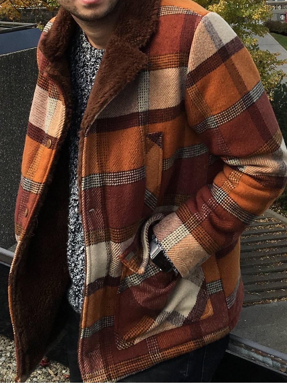 Brixton Burnes Plaid Wool Blend Sherpa Lined Jacket - Warm Terracotta/Rust - M